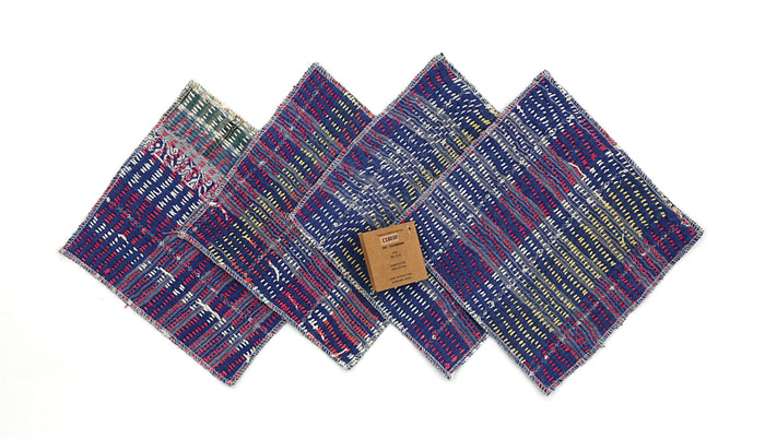 Set of 4 coasters 18x18 cm in blue, red and white striped pattern with yellow details