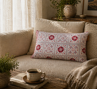 Unique sari pillowcase 30x50 in vintage boho style with colorful red floral/medallion patterns on white and gray background, ethnic oriental sari pillows/upcycled pillow design