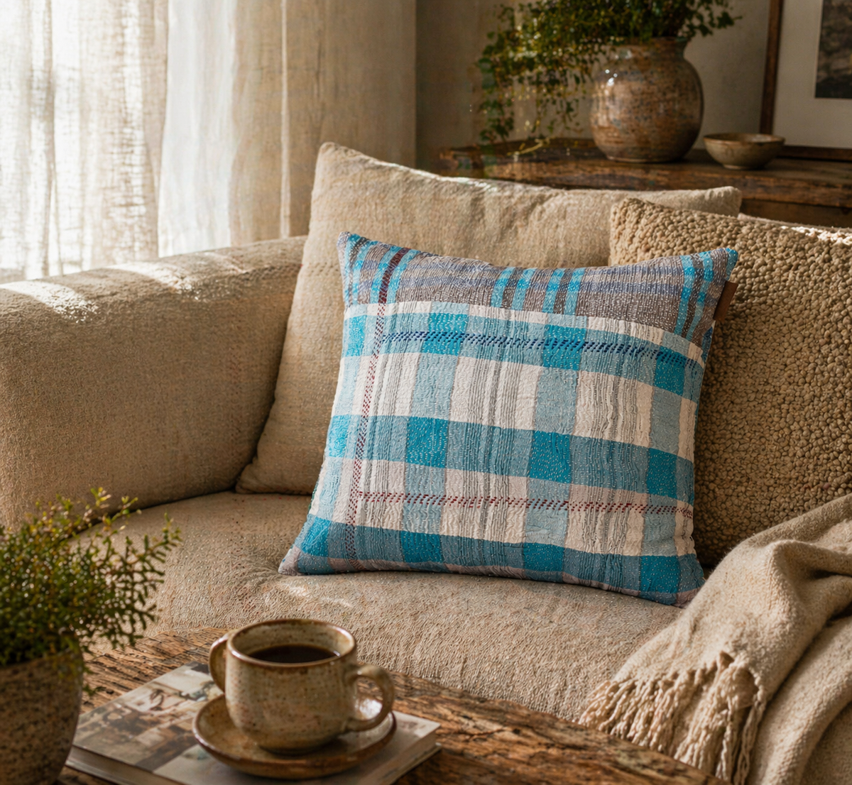 Sari pillowcase 50x50 with boho vintage check in turquoise, blue and beige, Indian/palmyra pattern look and colorful ethnic textile for sari pillows and unique pillows