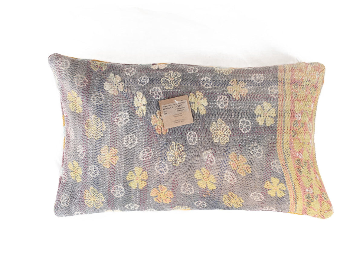 Sari pillowcase 30x50 cm in purple/dark pink with colorful diagonal stripes in mustard yellow and light blue and floral pattern - unique Indian vintage boho sari pillow (upcycled)