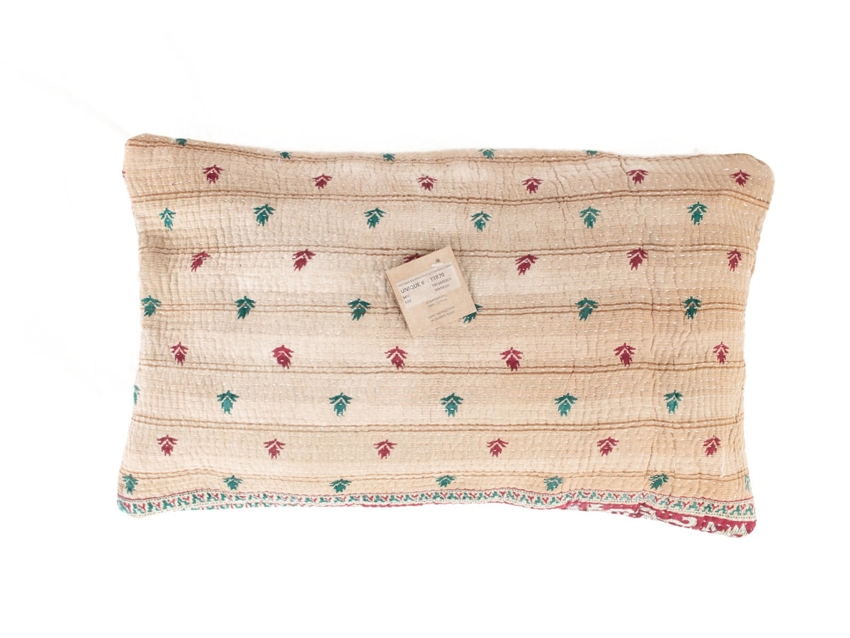Sari pillowcase 30x50 with beige base and colorful oriental patterns of small trees and figures in green and burgundy - unique sari pillow for boho/bohemian decor