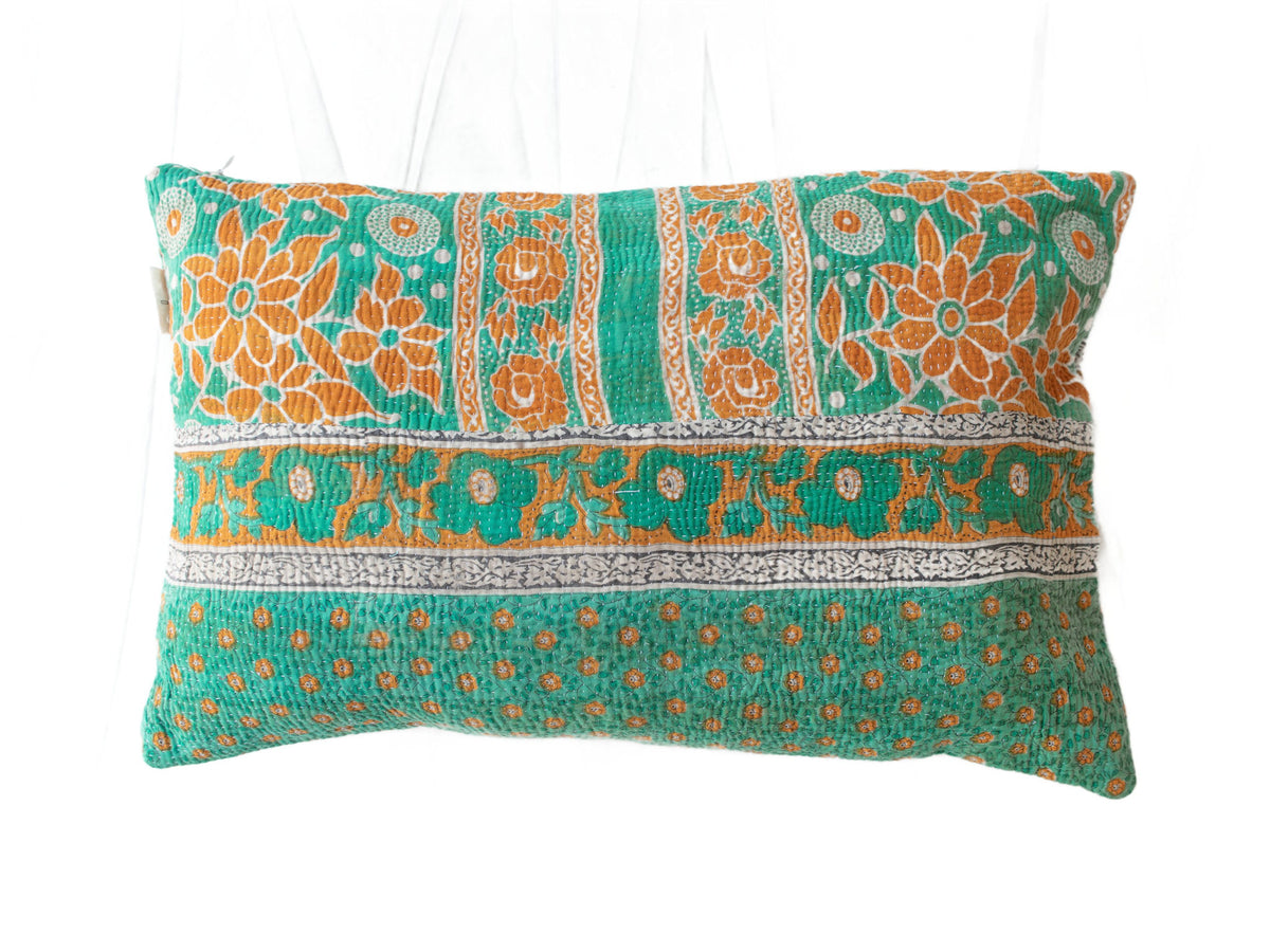 Sari pillowcase 60x40 with colorful bohemian patterns in mustard yellow, black and petrol blue as well as pink details - unique Indian upcycled sari pillow with oriental design