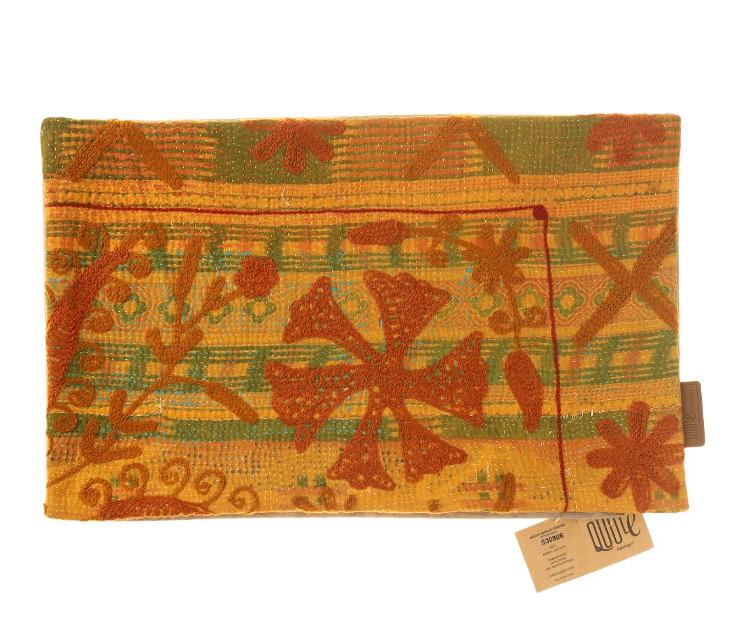 Colorful suzani pillowcase 30x50 cm with Indian vintage oriental pattern in rust orange olive green and mustard yellow as well as stylized motifs