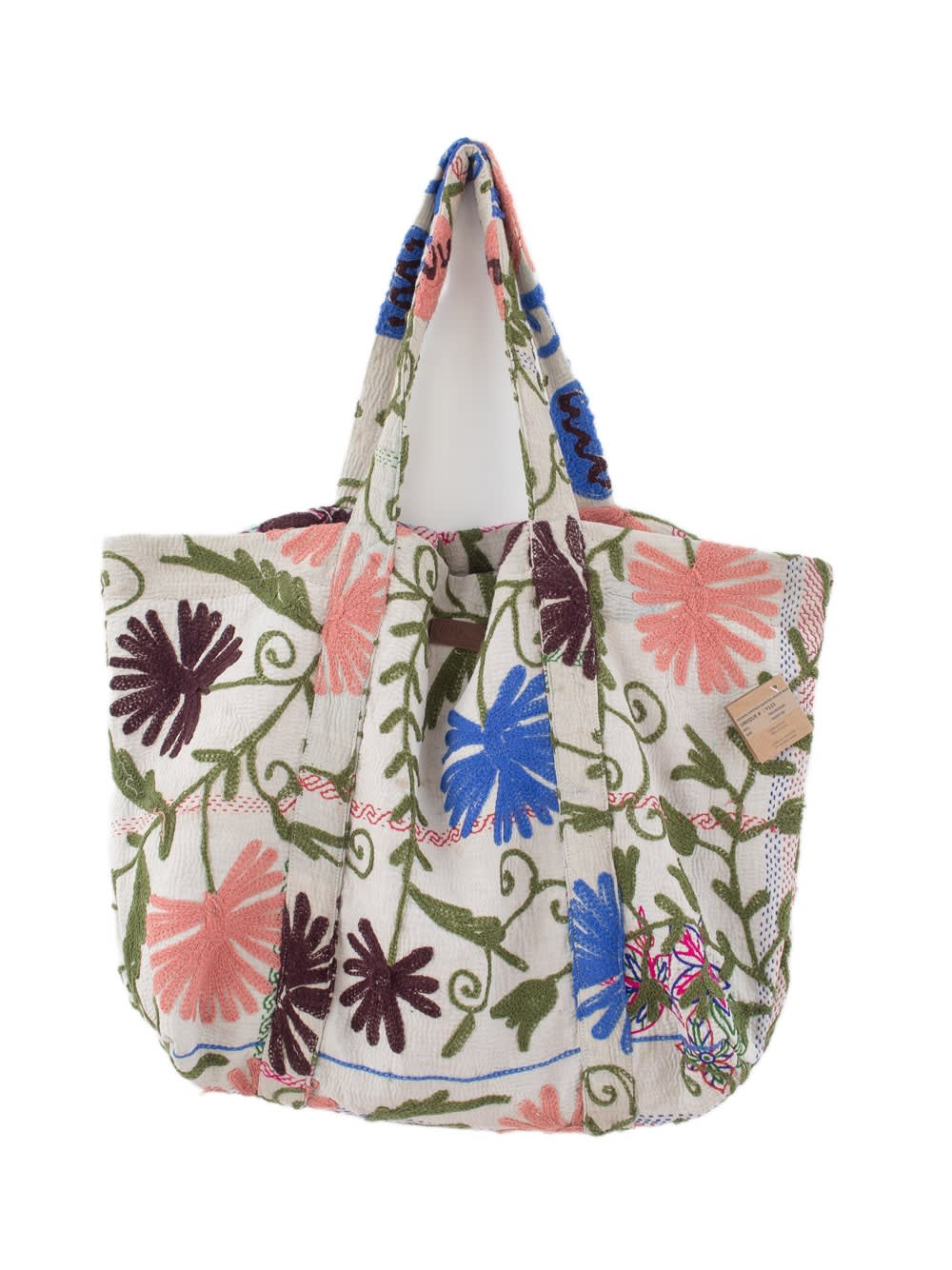 Flerfarvet broderet blomstertote-taske med pinkblå og bordeauxrøde blomster på cremefarvet stof og dobbelte skulderhåndtag