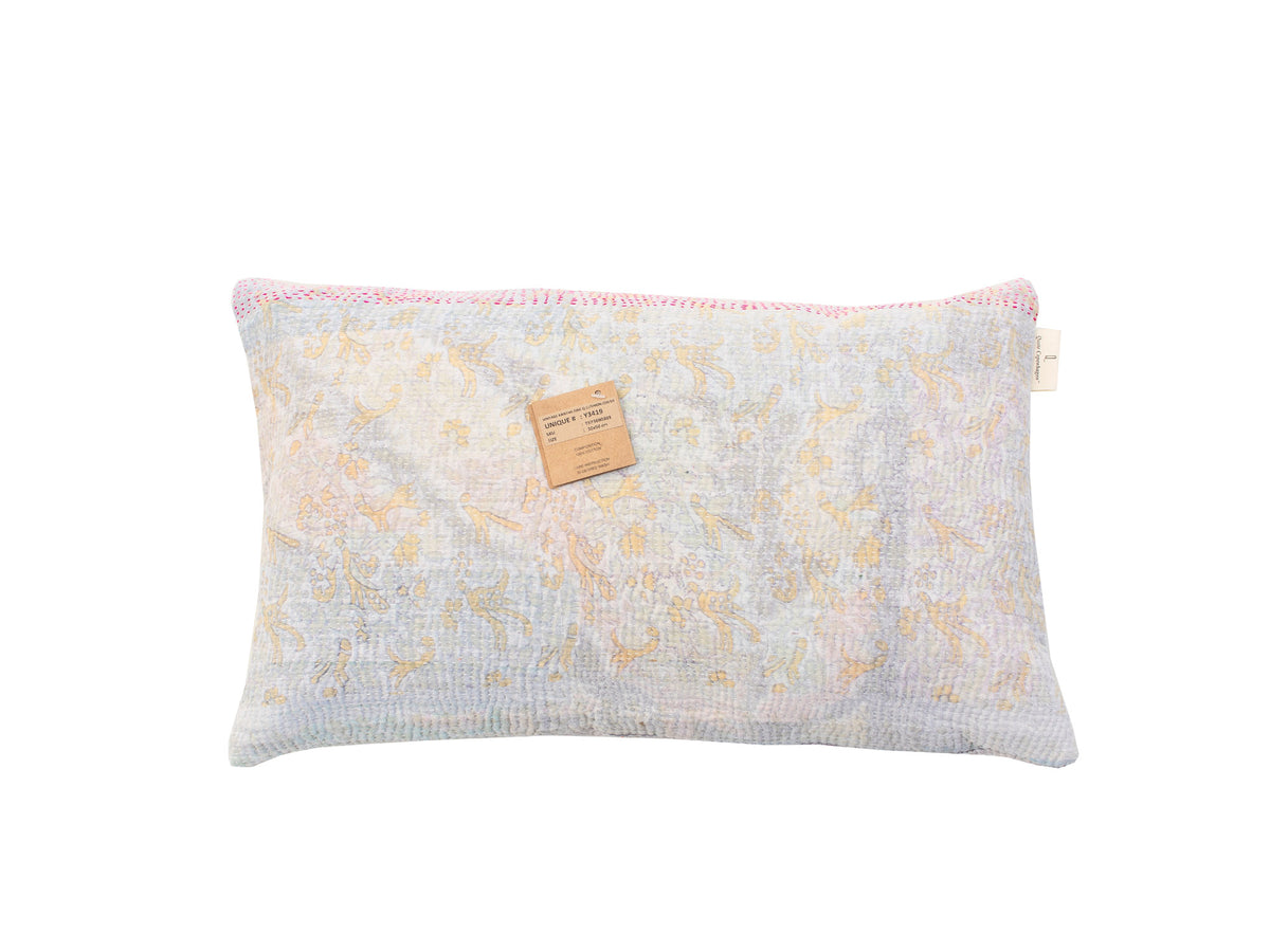 Sari pillowcase in size 30x50 with light white/blue base and colorful golden oriental patterns, vintage boho Indian pillow in upcycled style