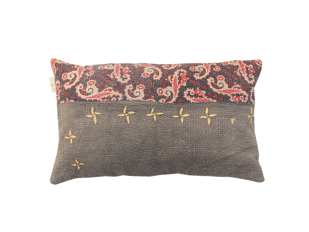 Unique sari pillowcase 30x50 with colorful oriental flowers in pink and yellow on dark blue/charcoal background - vintage boho sari pillows/Indian pillowcase pattern