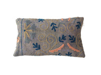 Unique 30x50 suzani pillowcase in gray quilted fabric with colorful embroidery in blue gold and coral and ethnic oriental pattern boho vintage