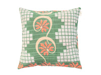 50x50 sari pillowcase with green and coral colored flowers in rings and checkered grid pattern - unique Indian/vintage boho sari pillow design for ethnic sari pillows and colorful pillowcases
