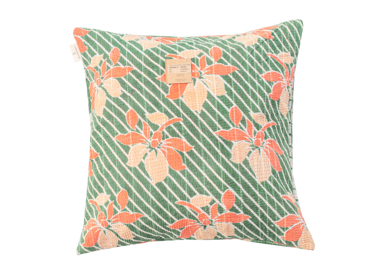 Sari pillowcase 50x50 in green, orange and beige with floral and stripe pattern - unique Indian/boho Indian pillowcase in vintage style