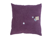 Purple sari pillowcase in 50x50 with colorful boho/bohemian details, small white dot patterns and embroidered light blue flowers - unique Indian pillowcase for sofa and bed