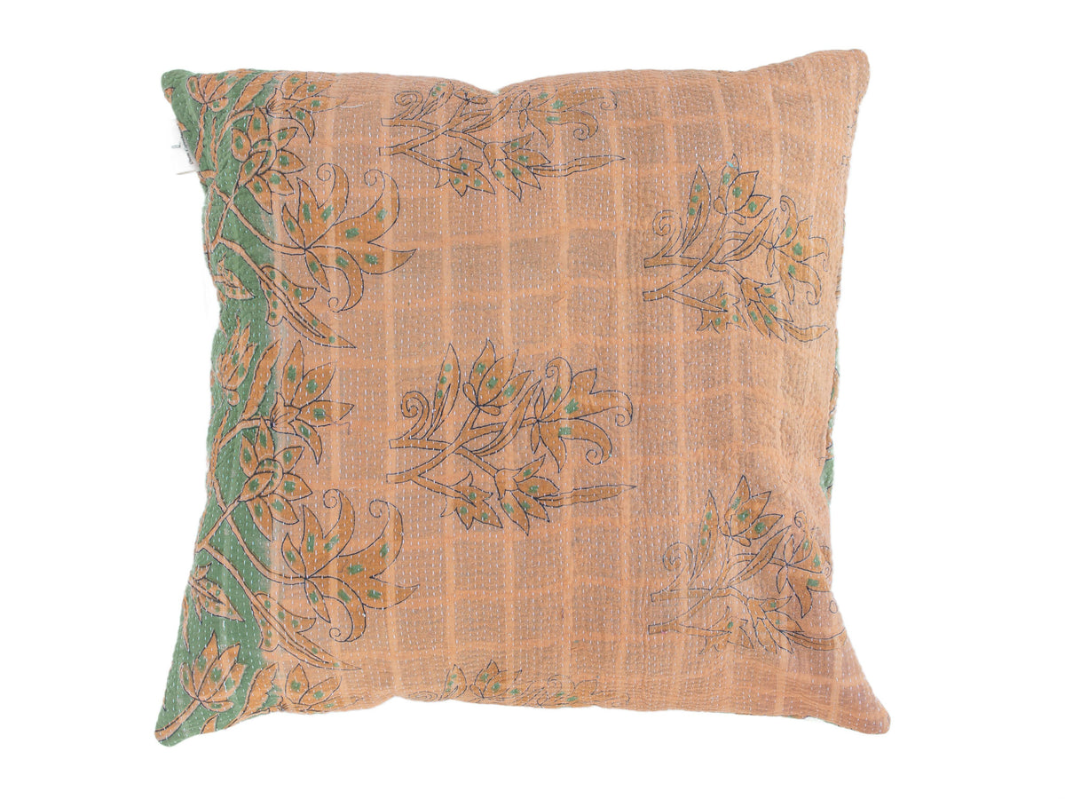 Sari pillowcase 50x50 with vintage bohemian design in sand beige, olive green and brown/orange floral winding patterns, Indian textile look.