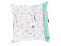 50x50 sari pillowcase in white with colorful Indian oriental patterns and turquoise border - unique boho/sari pillow in vintage upcycled style