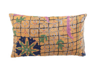 Unique suzani pillowcase 30x50 cm in mustard yellow with black checkered pattern and embroidered slings in gray green blue and purple boho ethnic pillow