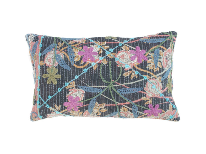 Unique suzani pillowcase 30x50 cm in dark anthracite with colorful boho oriental embroidery and flowers in blue pink purple and green cords