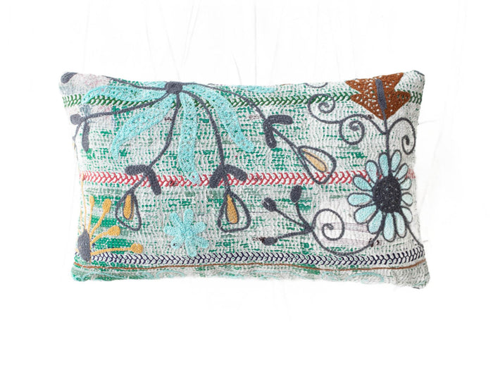 Sari cushion suzani cushion cover 30x50 cm in vintage boho oriental style with turquoise green white dark blue ornament pattern and fringes